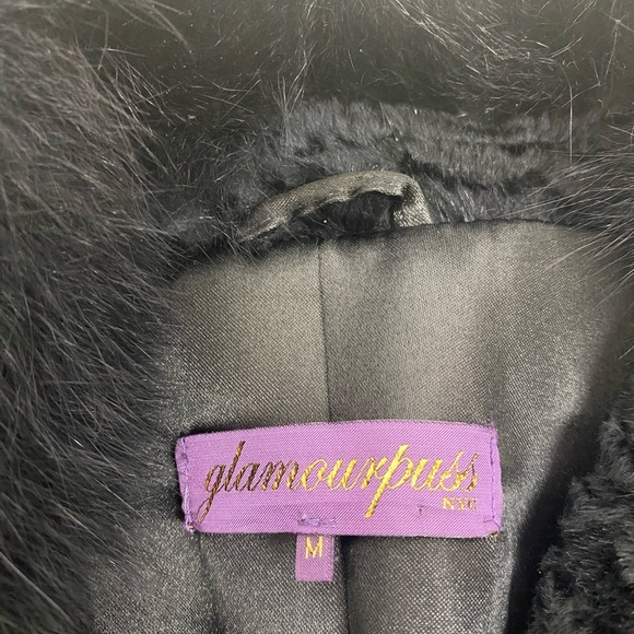 Glamourpuss Black Rabbit Fur Boxy Textured Jacket with Fox Fur Collar Medium - Picture 9 of 12